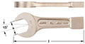 AMPCO Wrench Striking Open End NonSparking; close-up of open-end striking wrench showing detailed markings and size specifications on its jaw and handle.